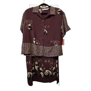 Vintage 90s NEW Ilyse Hart Panda Skirt Set Womens LG/16  2PC Botanical Deadstock